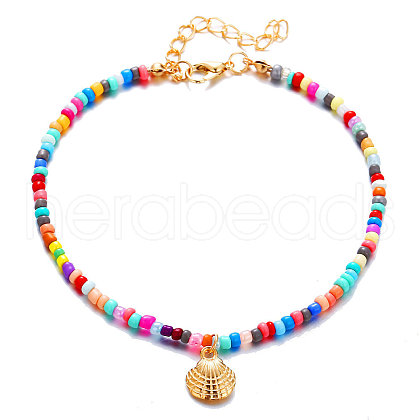 Bohemian Style Alloy Shell Shape Charm Colorful Glass Seed Beaded Anklets for Women FS-WGADE82-01-1