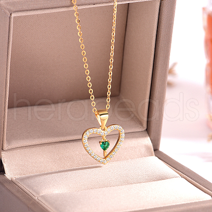 925 Sterling Silver Pave Clear & Green Cubic Zirconia Hollow Heart Pendant Necklaces for Parties and Gifts WZ4640-1