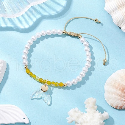 Natural Agate & ABS Plastic Imitation Pearl Braided Beaded Bracelets BJEW-JB11667-1