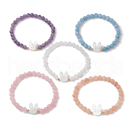 Cute Rabbit Shell & Natural Mixed Gemstone Beaded Stretch Bracelets for Women BJEW-JB11040-1