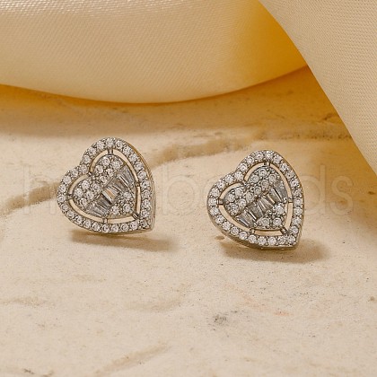 Elegant Heart Brass Clear Cubic Zirconia Stud Earrings QP4520-1-1