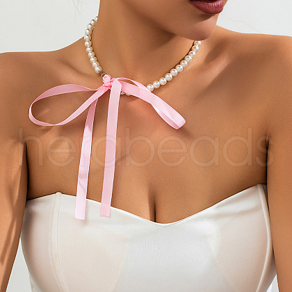 Bowknot Satin Cord Plastic Imitation Pearl Round Beaded Choker Necklaces for Women WG8633D-04-1