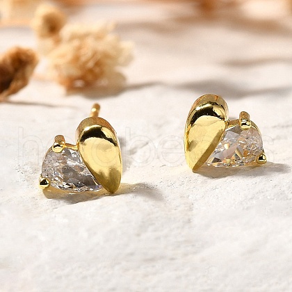 Heart Brass Micro Pave Clear Cubic Zirconia Stud Earrings EJEW-R018-07G-1