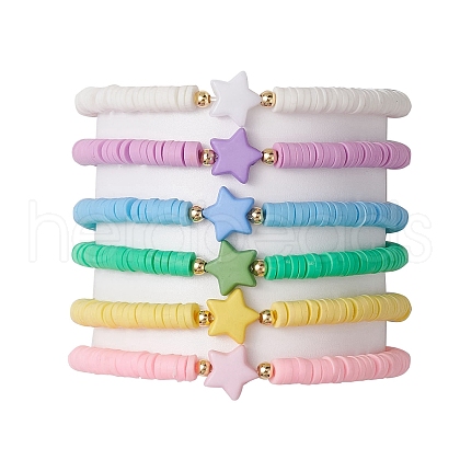 6Pcs 6 Colros Star Acrylic & Polymer Clay Beaded Stretch Kid Bracelet Sets BJEW-JB10673-1