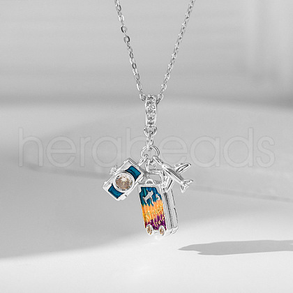 Airplane & Camera & Trunk 304 Stainless Steel Micro Pave Clear Cubic Zirconia Pendant Necklaces FS-WG81D22-02-1