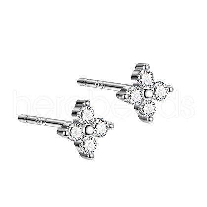 Rhodium Plated Clover 999 Fine Silver Cubic Zirconia Stud Earrings for Women EJEW-S215-16P-1