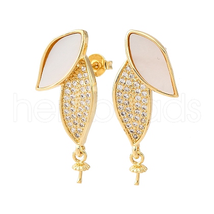 Brass Micro Pave Cubic Zirconia Shell Stud Earrings Findings KK-D363-09G-1