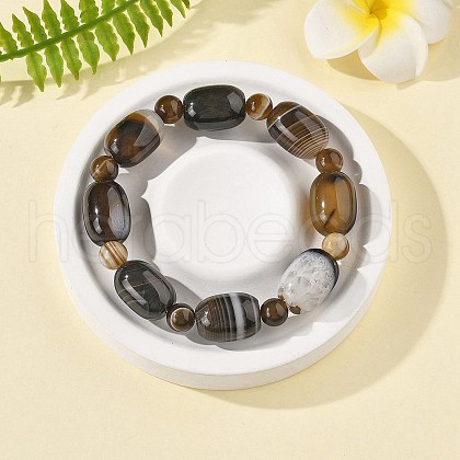Natural Banded Agate Bead Stretch Bracelets G-P570-01M-1