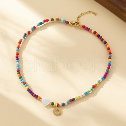 Heart Natural Shell & Colorful Glass Seed Round Beaded Necklaces FS-WGE10D5-26-1