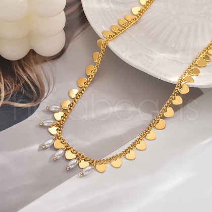 Sweet Brass and Natural Pearl Teardrop Heart Pendant Necklaces for Women OM5968-1-1