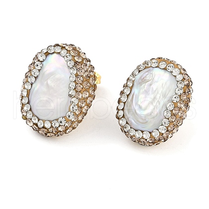 Mother's Day Jewellery Rack Plating Oval Brass With Rhinestone & Natural Pearl Handmade Indonesia Stud Earrings EJEW-U010-04B-G-1