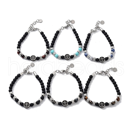 Cross Natural & Synthetic Mixed Gemstone Round Beaded Bracelets BJEW-Q334-09-1