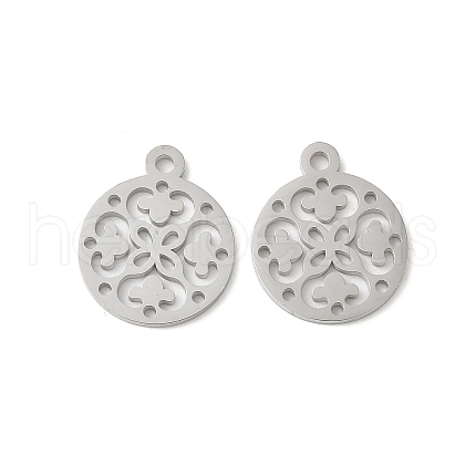 304 Stainless Steel Flat Round with Laser Cut Flower Charms STAS-L022-511P-1