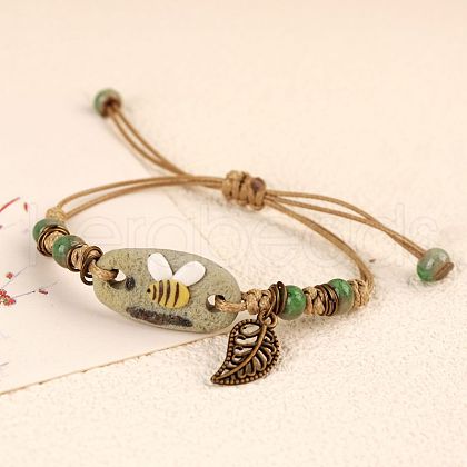 Adjustable Handmade Porcelain Flower Beads Braided Beads Bracelets WGFB2A7-08-1