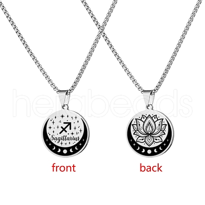 12 Constellation Stainless Steel Half Moon & Lotus Pendant Box Chain Necklaces PW-WGE44A0-09-1