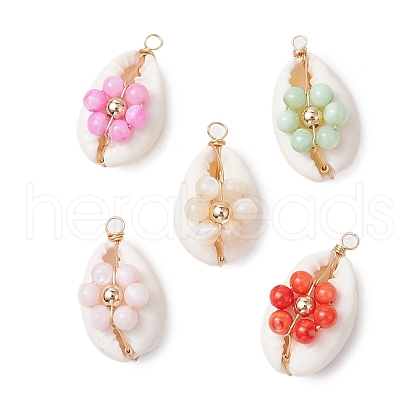 5Pcs 5 Styles Dyed Natural Freshwater Shell Beaded Flower Copper Wire Wrapped Natural Cowrie Shell Pendants PALLOY-JF03441-01-1