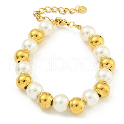 304 Stainless Steel & 201 Stainless Steel & Plastic Pearl Round Beaded Bracelets for Women BJEW-G717-01B-G-1