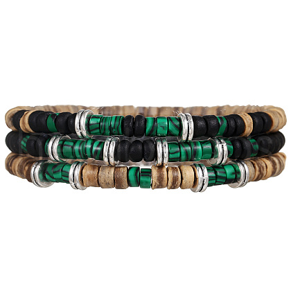 Synthetic Malachite & Coconut Shell Bead Stretch Bracelets PW-WGEF9FC-01-1