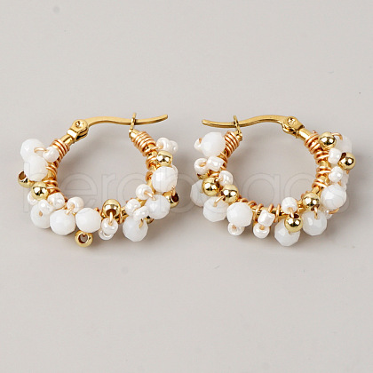 Handmade Glass Crystal Imitation Pearl Hoop Earrings HL6651-6-1