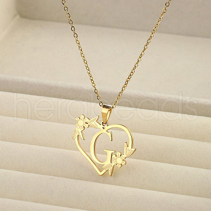 201 Stainless Steel Flower Heart Initial Pendant Necklaces for Women FS-WG08285-26-1