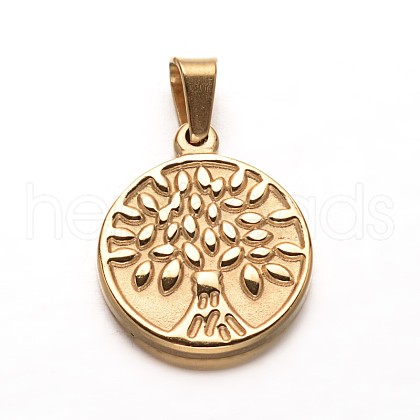 304 Stainless Steel Flat Round with Tree Pendants STAS-L148-03-1