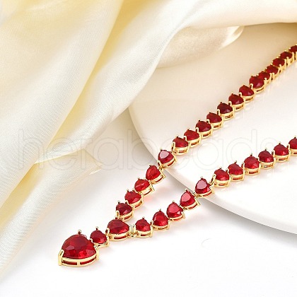 Brass Full Red Cubic Zirconia Heart Pendant Necklaces for Women NJEW-M079-01C-1