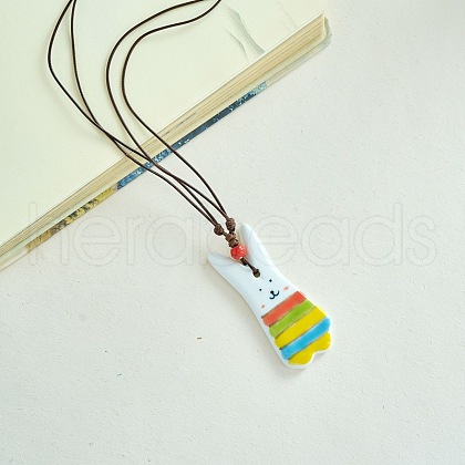Porcelain Pendant Adjustable Imitation Leather Cord Necklaces for Women FS-WGE6687-10-1
