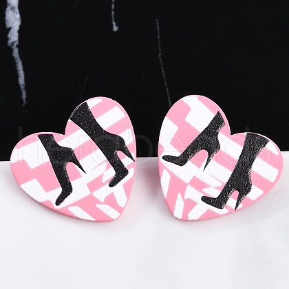 Heart Acrylic Printed Stud Earrings for Women EJEW-G418-01A-1