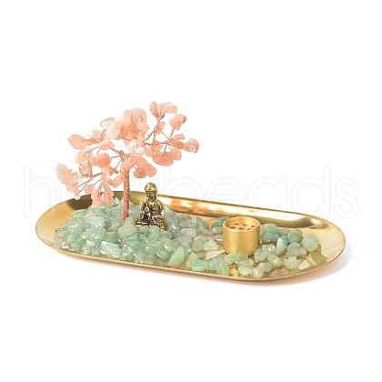 Natural Sunstone Money Tree Buddha Sculpture Set Incense Burner & Natural Green Aventurine on Trays for Wealth DJEW-G027-19RG-09-1