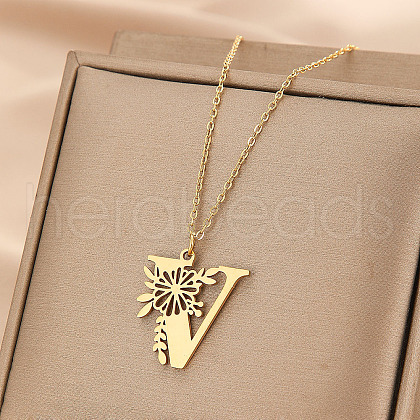 304 Stainless Steel Flower Initial Pendant Necklaces WGE911E-22-1