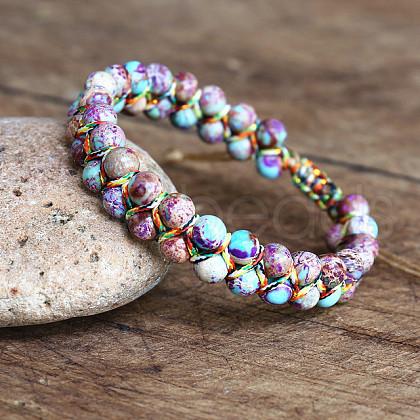 Dyed Natural Imperial Jasper Round Beaded Braided Bead Bracelets WGA4FF5-08-1