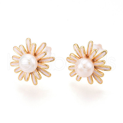 Mother's Day Jewellery Flower Brass Natural Pearl Stud Earrings PEAR-N020-06W-1