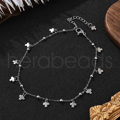 304 Stainless Steel Cable Chain Cross Tassel Anklets for Women AJEW-AN00678-1