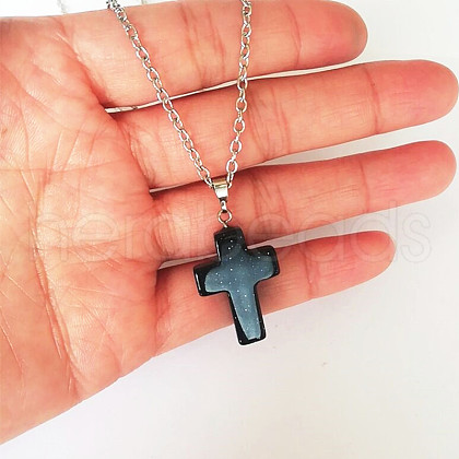 Synthetic Blue Goldstone Cross Pendant Necklace FS-WGC9DE4-13-1