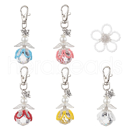Flower Angel Glass Pearl & Glass Seed Pendant Decorations HJEW-MZ00239-1