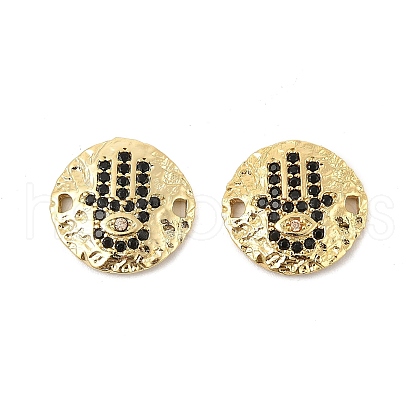 Brass Micro Pave Black Cubic Zirconia Disc with Hamsa Hand Connector Charms KK-P300-24G-02-1