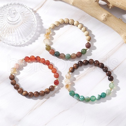 3Pcs Natural African Padauk Wood & Sandalwood & Wood & Striped Agate & Indian Agate & Citrine Round Beaded Stretch Bracelets for Women BJEW-JB11930-1