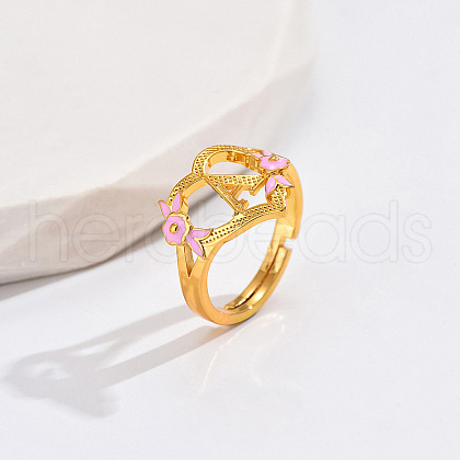 Heart & Flower Brass Pearl Pink Enamel Adjustable Finger Rings FS-WG8B9BA-01-1