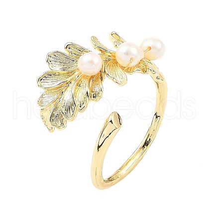 Brass Leaf Open Cuff Ring with Natural Pearl Beaded for Women RJEW-K090-02G-1