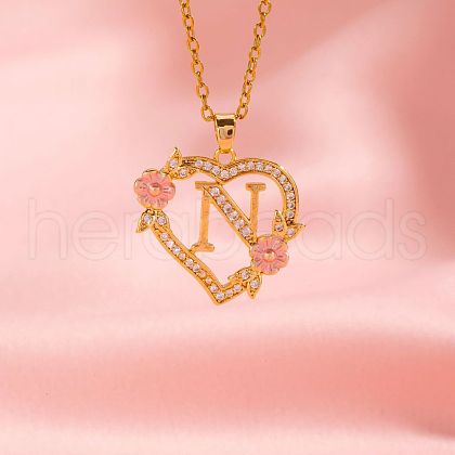 Brass Crystal Rhinestone Hollow Rose Heart with Letter Pendant Necklaces for Women WGC1928-14-1