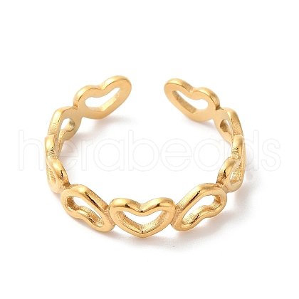 Ion Plating(IP) 304 Stainless Steel Hollow Heart Open Cuff Ring for Women RJEW-K245-28G-1