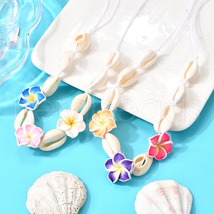 Handmade Polymer Clay 3D Flower Plumeria & Natural Cowrie Shell Beaded Braided Necklaces NJEW-TA00202-1