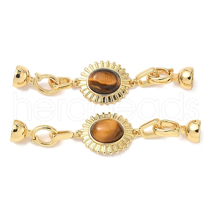 Brass Natural Tiger Eye Fold Over Clasps KK-U059-40G-02-1