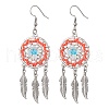 Flat Round with Feather Handmade Glass Seed Beads Chandelier Earrings EJEW-MZ00473-02-2