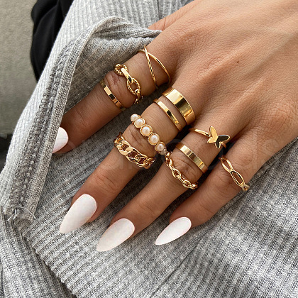 10Pcs Alloy with Plastic Pearl Finger Rings WGEFB3C-07-1