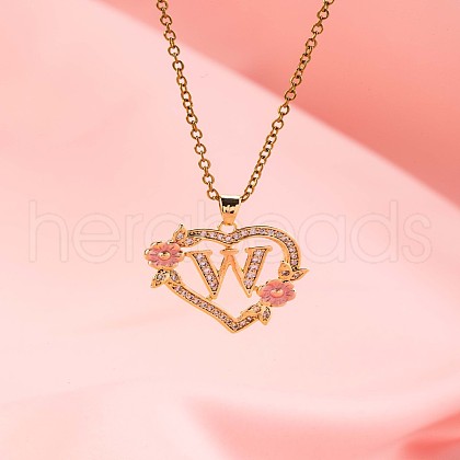 Brass Crystal Rhinestone Hollow Rose Heart with Letter Pendant Necklaces for Women WGC1928-23-1