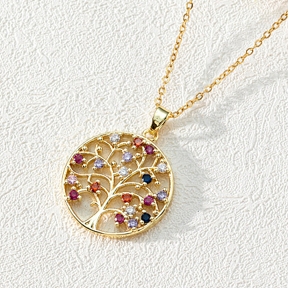 18K Gold Plated Tree of Life Pendant Necklace with CZ Stones Circle Cutout ST3974227-1