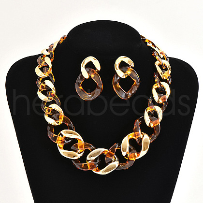 Alloy & CCB Plastic Curb Chain Necklace & Stud Dangle Earrings Sets FS-WG734CE-01-1