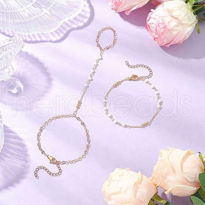 2Pcs 2 Styles Handmade Brass Curb Chains with Faceted Glass Links Bracelet & Finger Ring Bracelet Set BJEW-JB11772-1