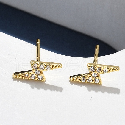Lightning Bolt Brass Micro Pave Clear Cubic Zirconin Stud Earrings EJEW-D318-07G-1